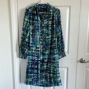 Leslie Fay Modest Long Sleeve Belted Duster Shirt Dress Abstract Geometric Sz 8